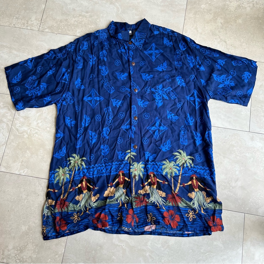 Vintage Hawaiian Hula Girl Floral Button Down Short Sleeve Shirt Size XL 90s